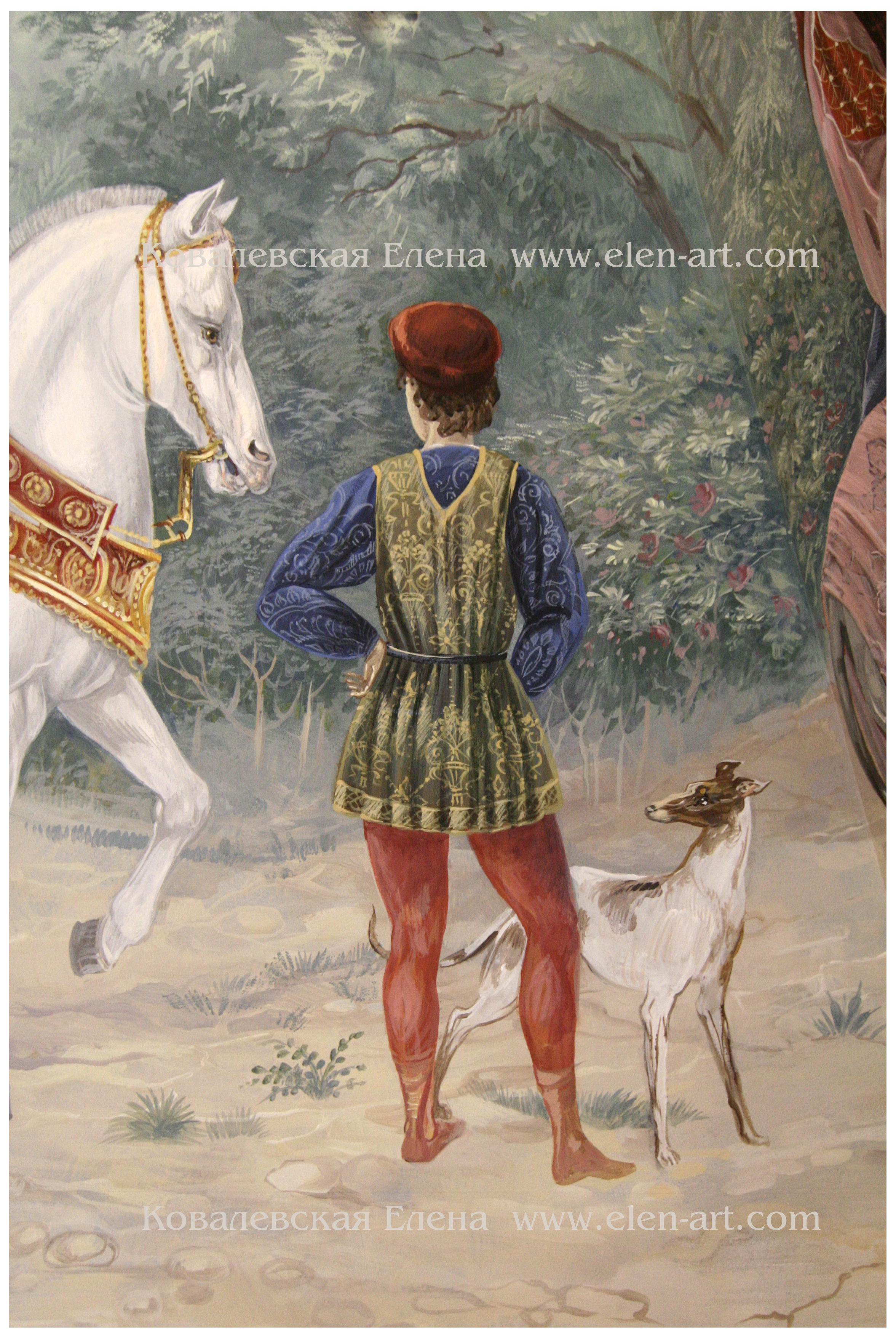 винтажная фреска с конями и всадниками